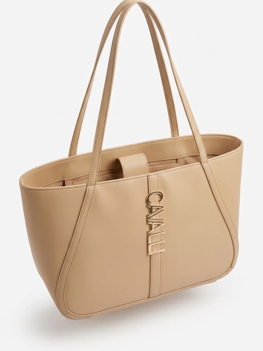 Cavalli Tan Leather Logo Tote